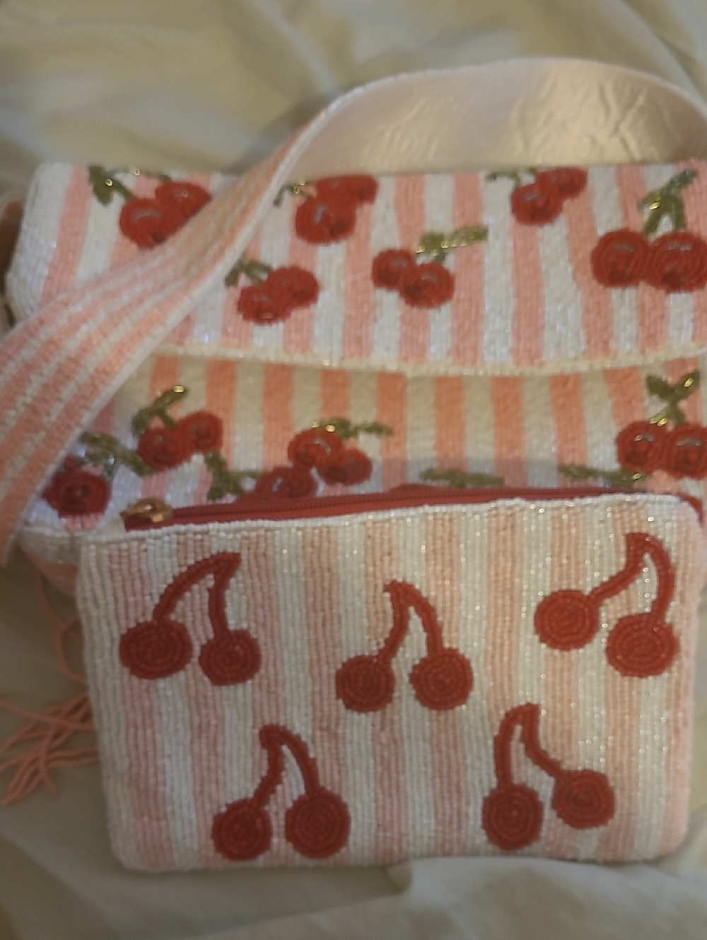 Beaded Cherry Stripe Shoulder Bag - Pink/Red